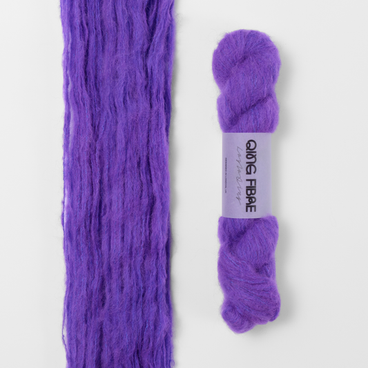 Prince Melted Baby Suri 25g: violet purple yarn, shown loose beside a labelled hank.