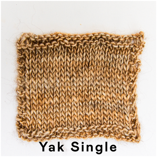 Awoken in Yak Single — knitted swatch showing warm beige hand-dyed yarn texture by Qing Fibre