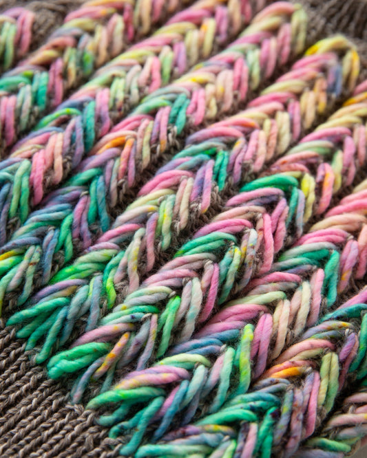 Close-up of colorful chunky knit yarn on gray fabric background, textured knitting pattern
