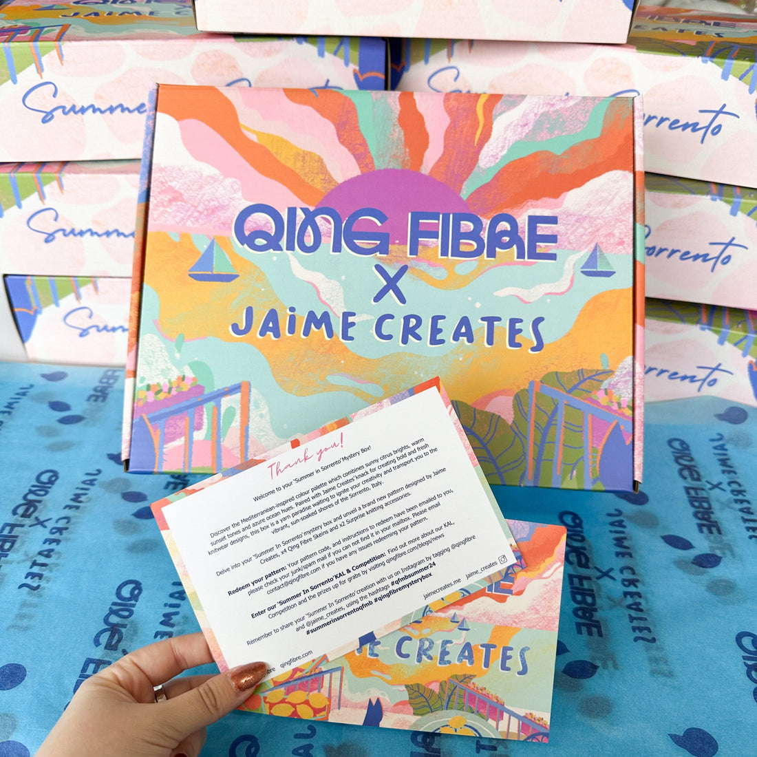Qing Fibre x Jaime Creates colorful summer mystery box with thank you card, vibrant packaging