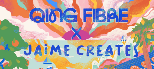 Colorful illustrated banner with 'QING FIBRE X JAIME CREATES', sun and fruit trees