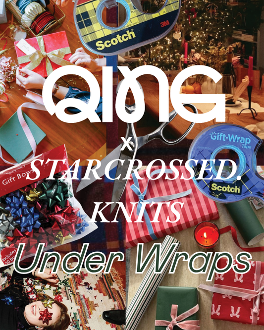 Qing Fibre hand-dyed yarn knitting advent calendar in collaboration with Starcrossed Knits logo and colourful background of christmas holiday moodboard.