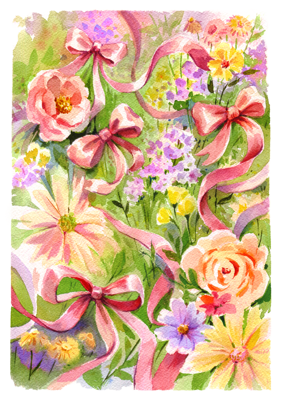 Watercolor floral bouquet with pink ribbons and pastel flowers on a green background