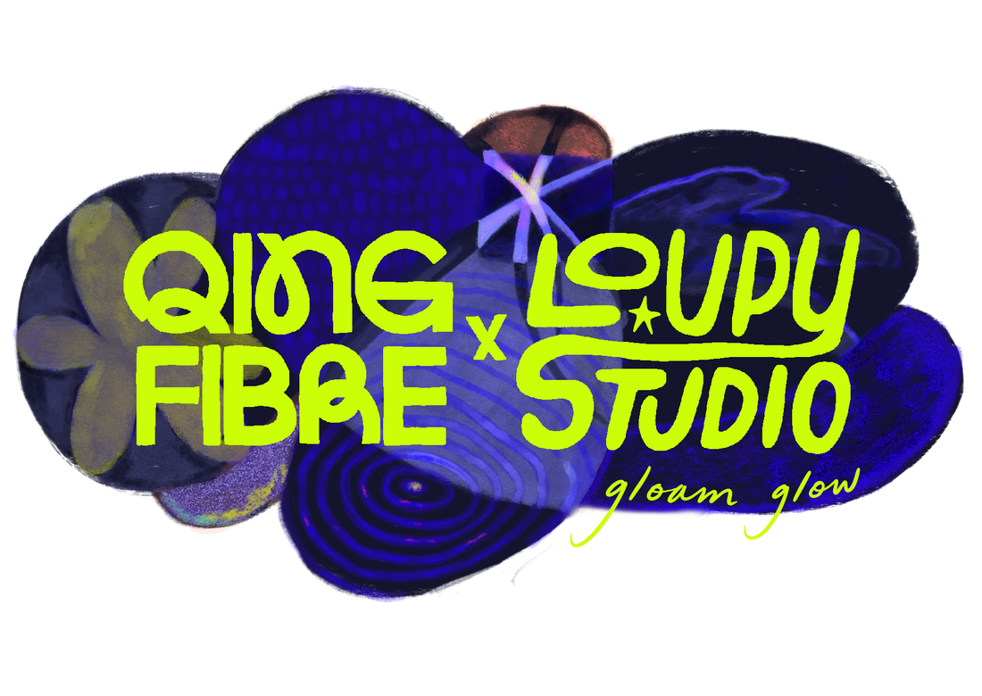 Qing Fibre x Loupy Studio logo with neon green text over abstract blue and purple shapes