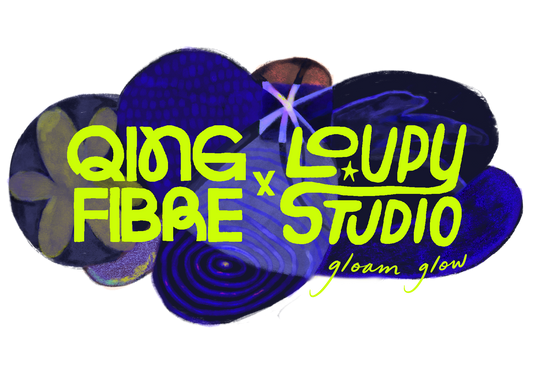Qing Fibre x Loupy Studio logo with neon green text over abstract blue and purple shapes