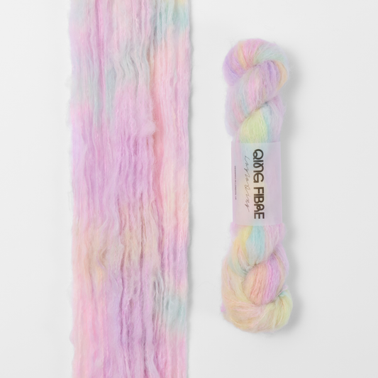 Mother of Pearl Melted Baby Suri 25g: pastel pink, lilac and yellow yarn, shown loose beside a labelled hank.
