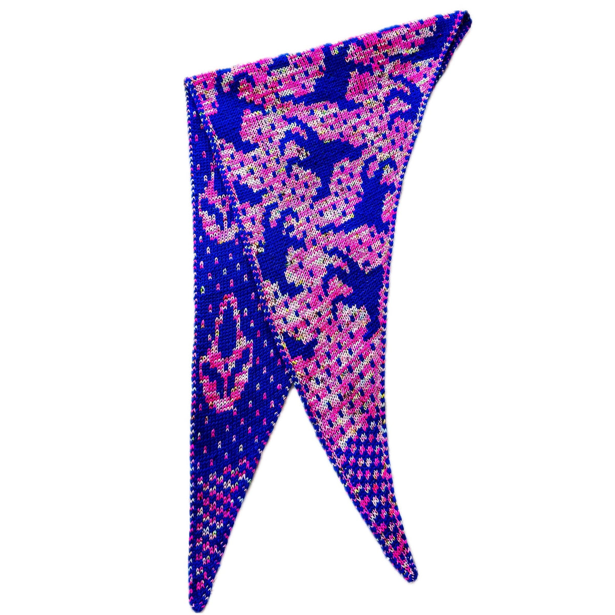Slasher Poltergeist triangle scarf in Flamingo and Hero with matching yarn