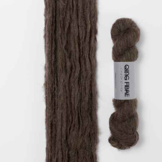 Soot Melted Baby Suri 25g: dark charcoal yarn, shown loose beside a labelled hank.