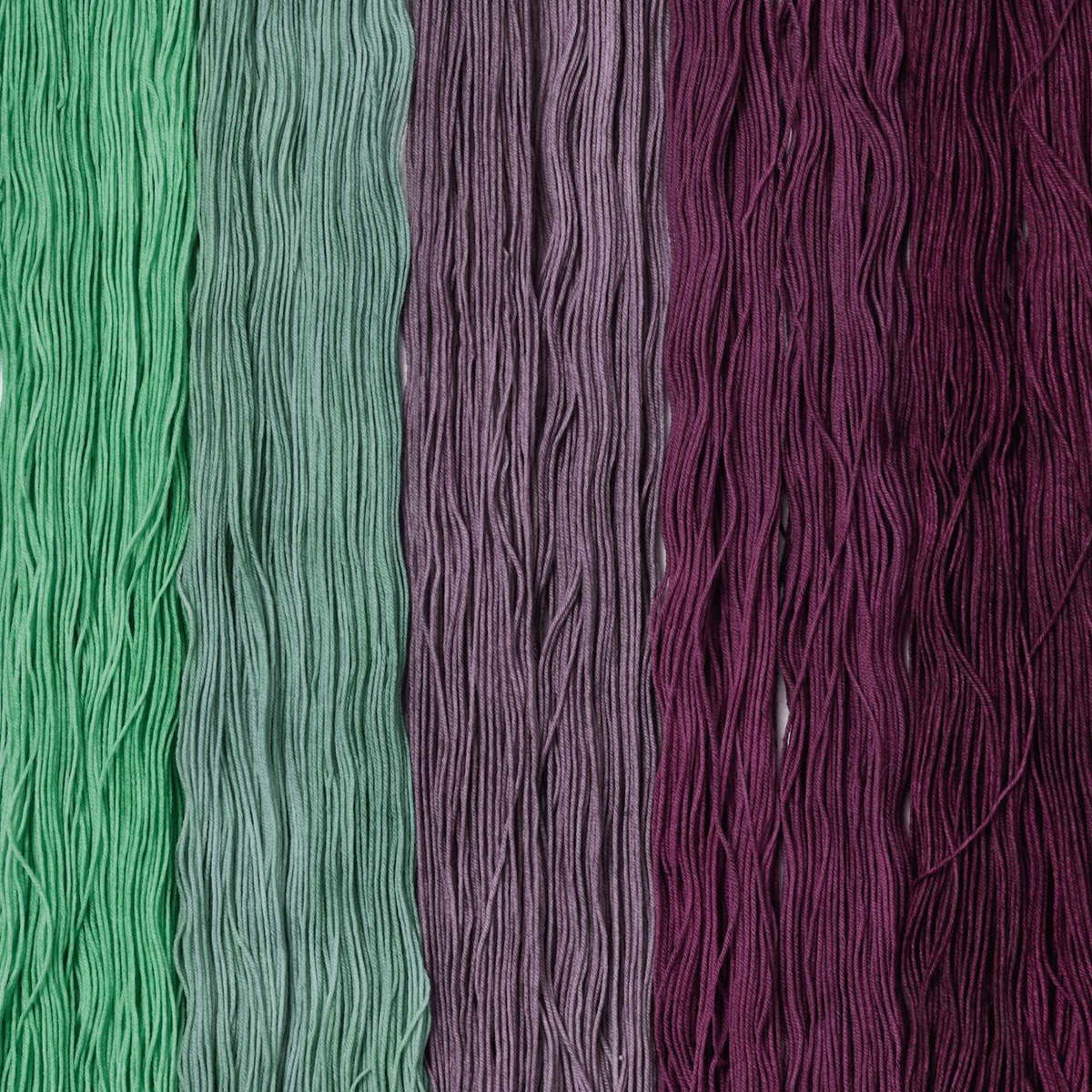 Bittersweet Dashing Fingering yarn strands arranged in five colours from green through grey to deep plum.