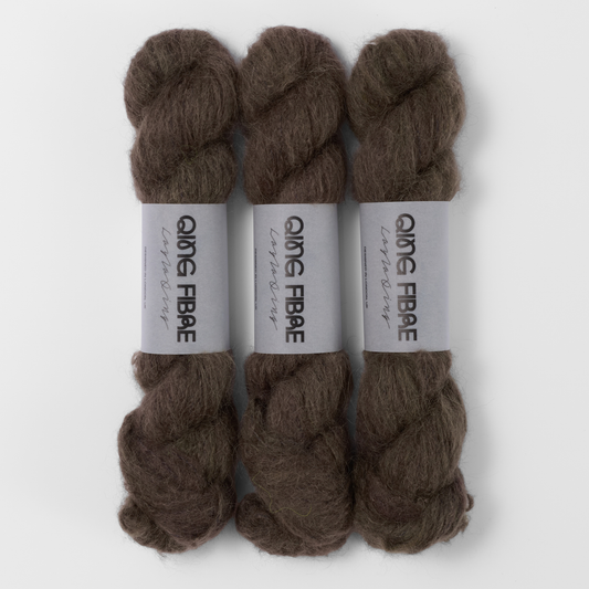 Three labelled hanks of Soot Melted Baby Suri 25g yarn in dark charcoal.