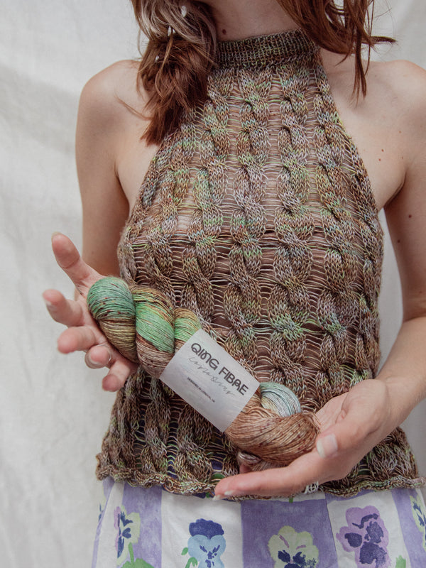 Heligan Halterneck in REM Yak Single with matching hand-dyed yarn