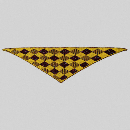 Harlequin Gambit triangle scarf laid flat, showing its full triangular shape, burgundy and yellow diamonds and sequins.