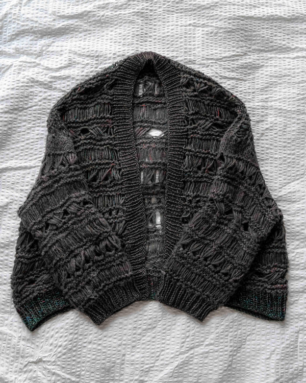 Cloudfall Cardigan knitting kit in Soot and Cassiopeia