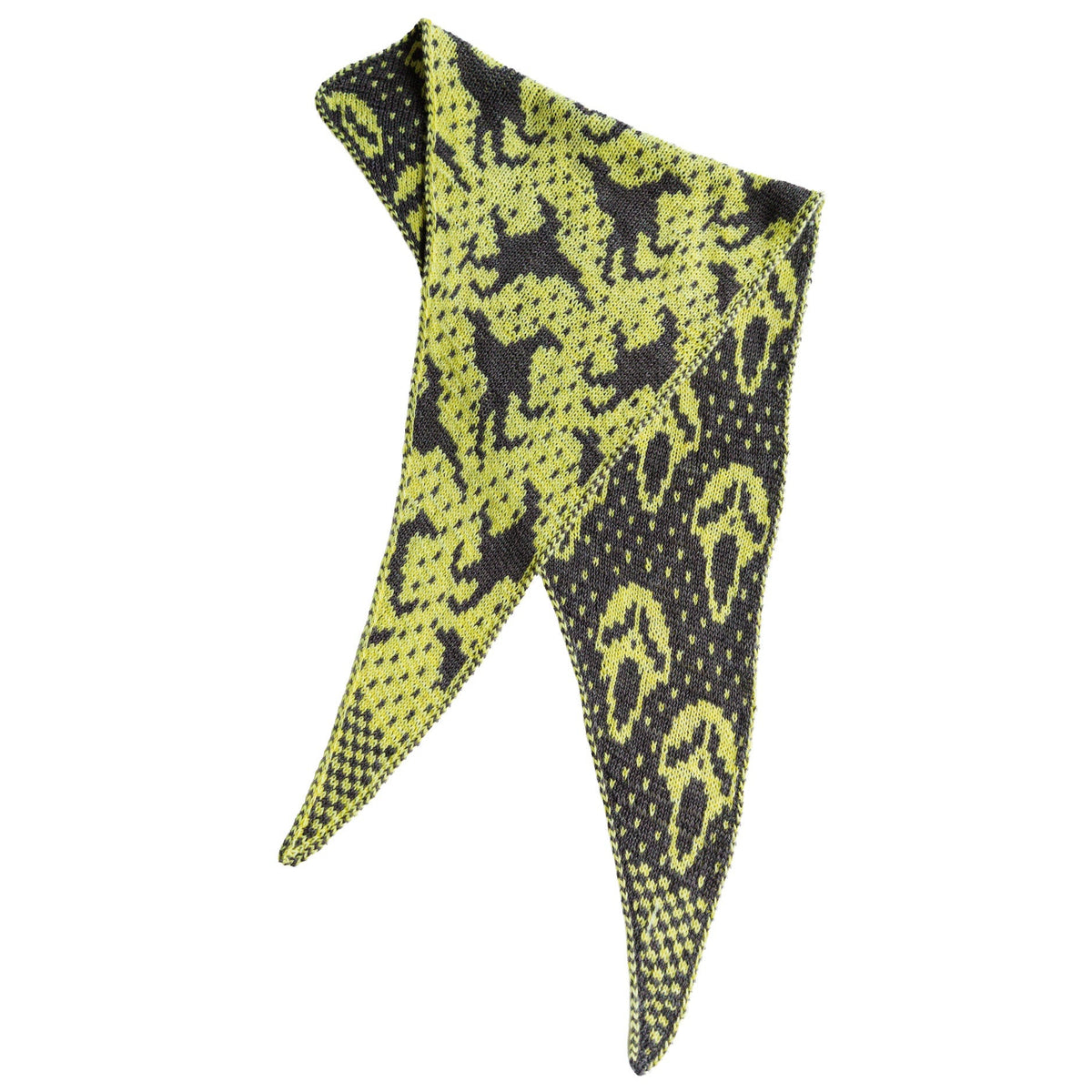 Slasher Poltergeist triangle scarf in Cocoon and Soot showing both sides