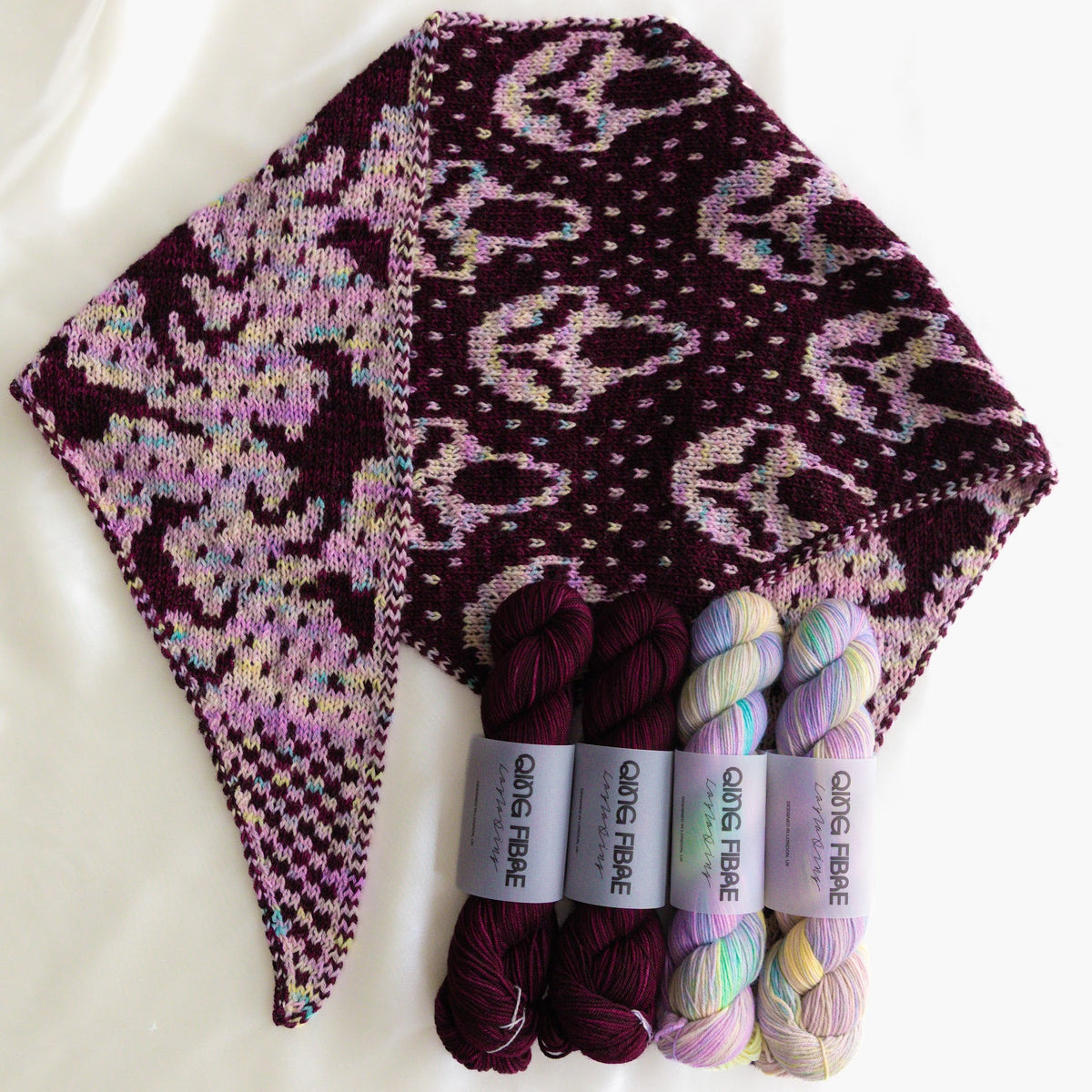 Slasher Poltergeist triangle scarf in Mother of Pearl and Hush with matching yarn