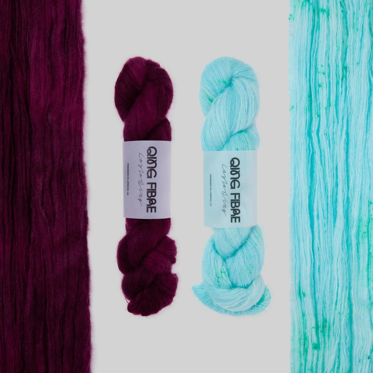 Veranita Hush and Nassau contrast pair: open Hush, twisted Hush, twisted Nassau and open Nassau on a grey background